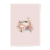 Pink Classic Car Photographic Prints, Floral Car Wall Art, Vintage Car Decor, Watercolor Car Print, Automotive Art, Girl Car Art - Tawshia